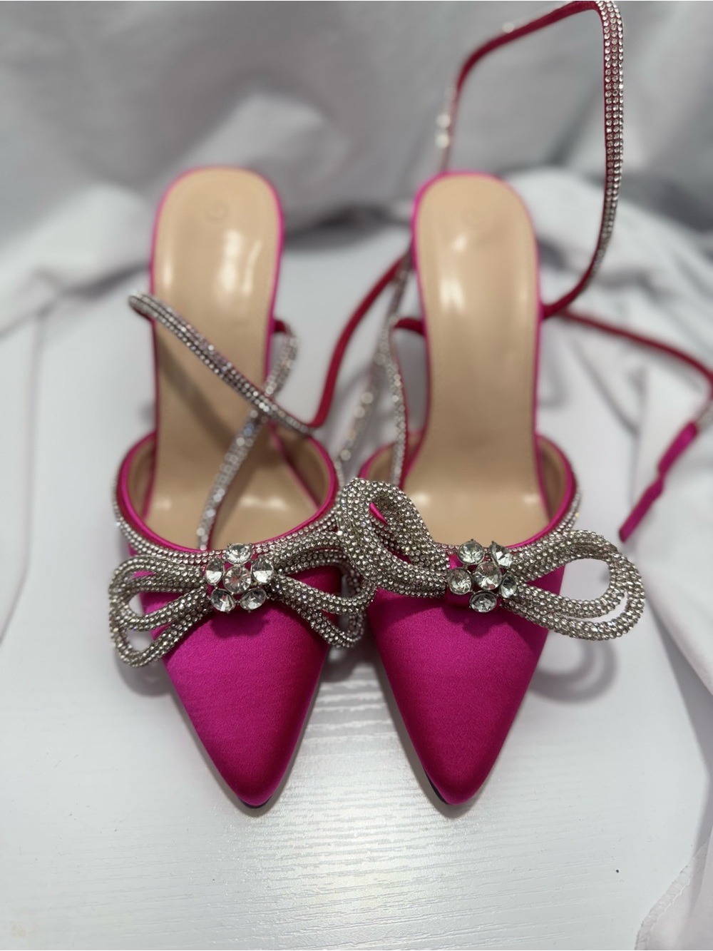 Women's fuchsia satin Double Bow Pointed Toe Ankle Strap Crystal Pumps heels